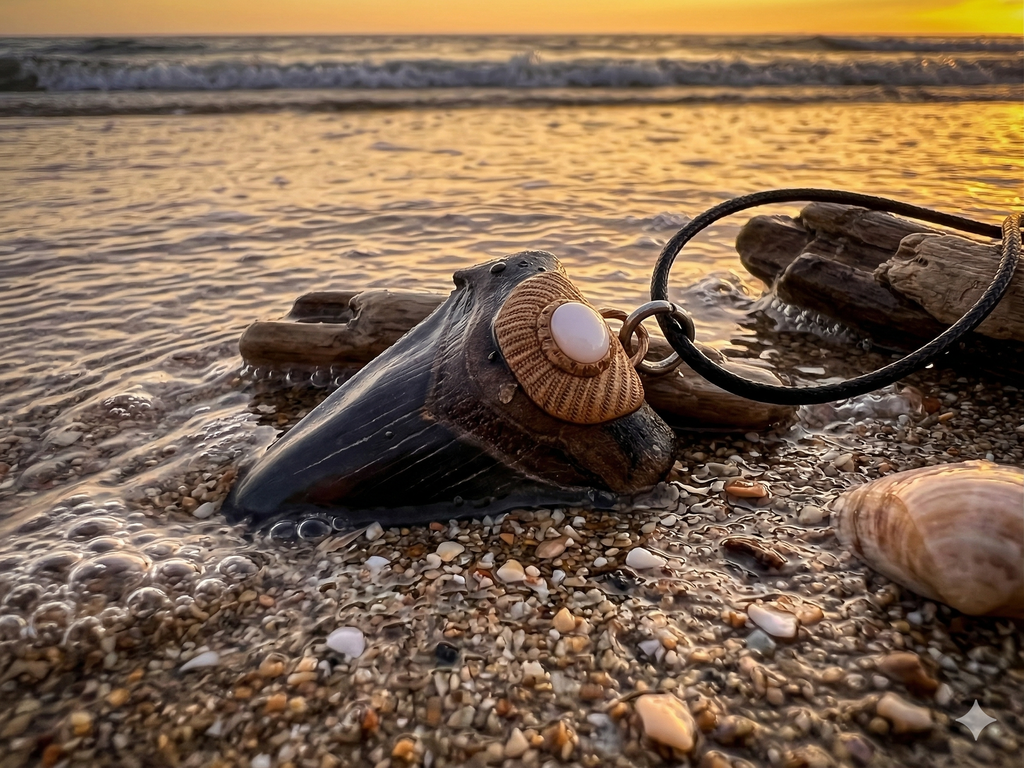 Fossil Tooth + Bahamian Conch