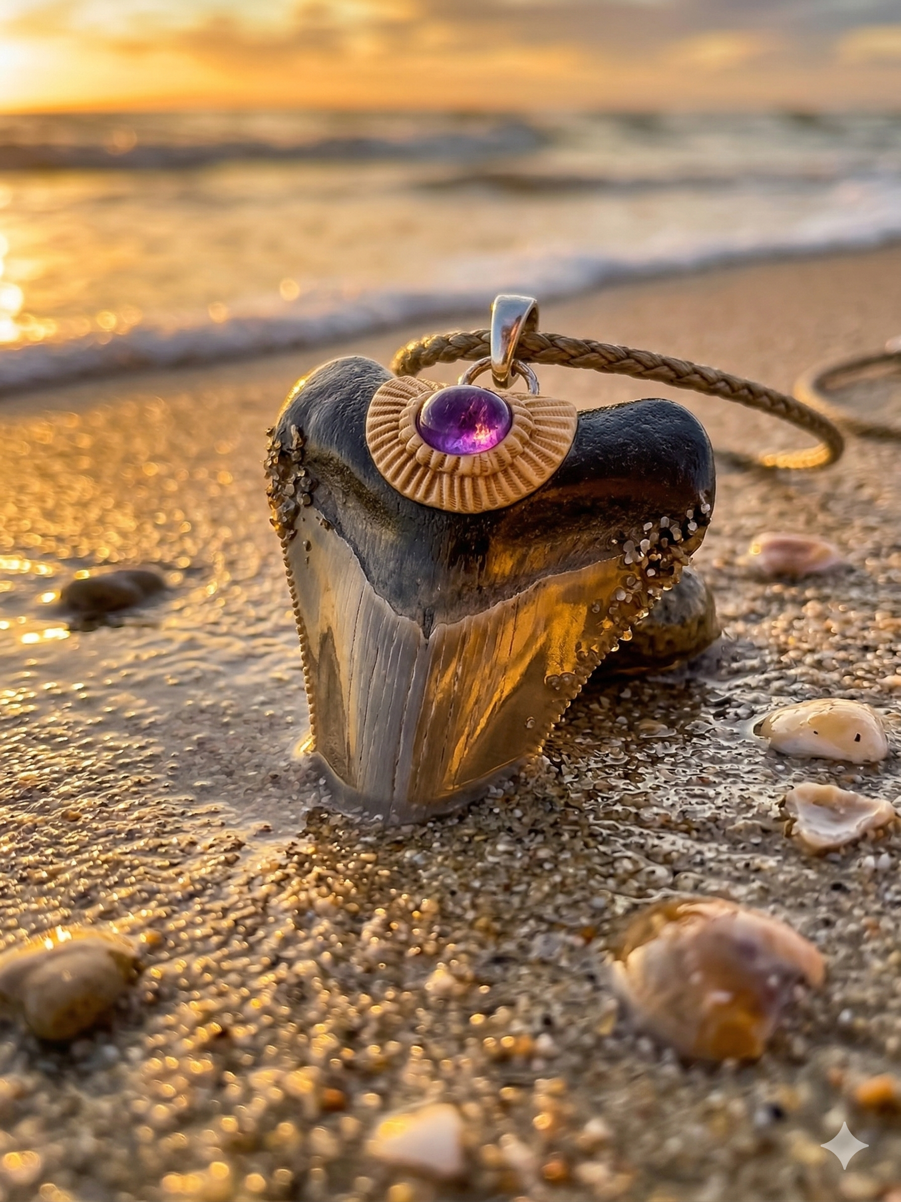Fossil Shark Tooth + Sugilite Gem Stone