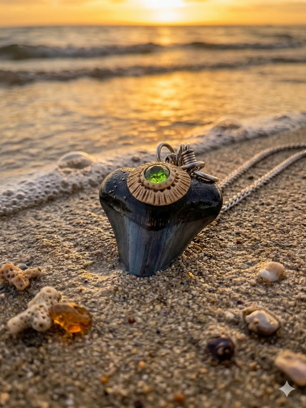 Fossil Tooth + Green Tourmaline