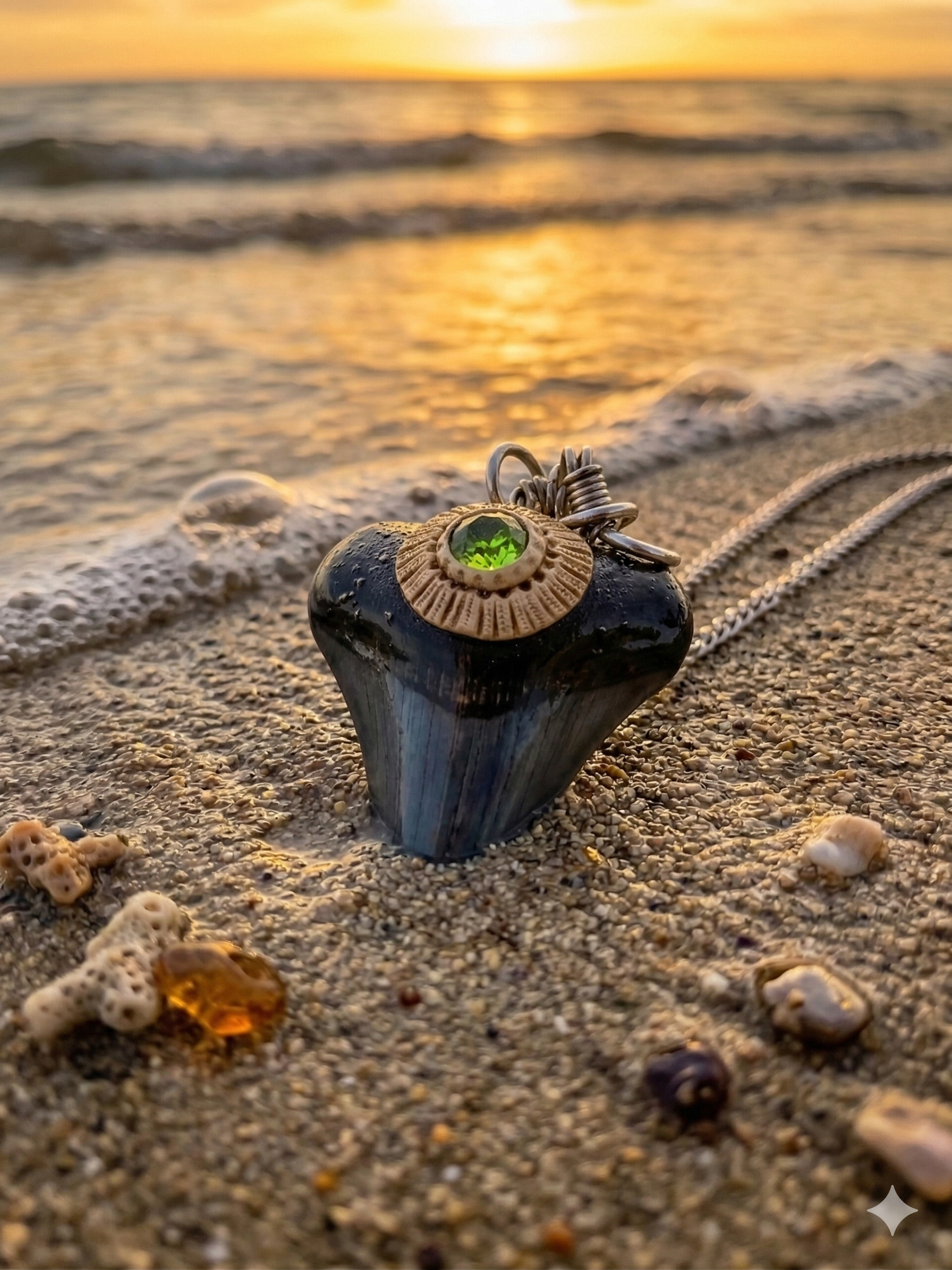 Fossil Tooth + Green Tourmaline