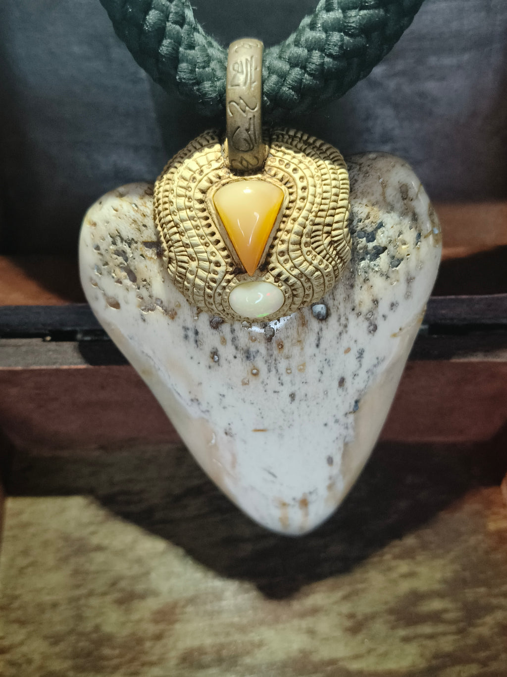 new Caledonian megalodon tooth + Ethiopian Orange Opal + White Opal